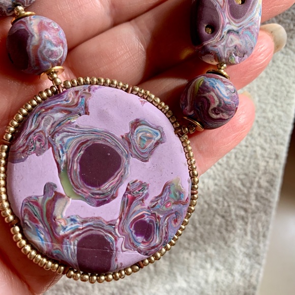 Handmade Polymer Clay Necklace Purple Swirl OOAK - Picture 10 of 15